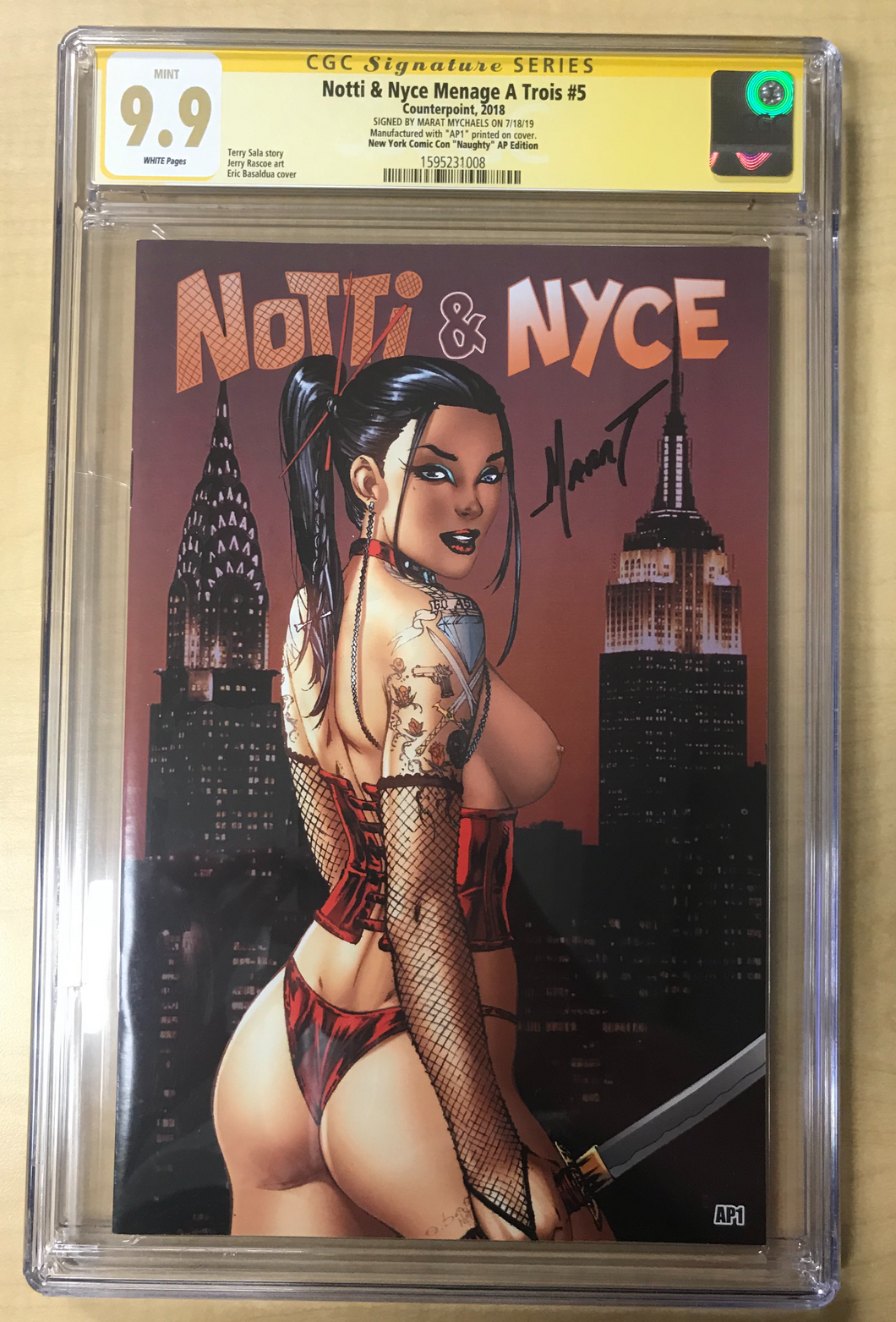 Notti & Nyce Menage a Trois #5 NYCC Exclusive NAUGHTY Variant Cover by EBAS Artist Proof AP1 Signed by Marat Mychaels CGC Signature Series Graded 9.9