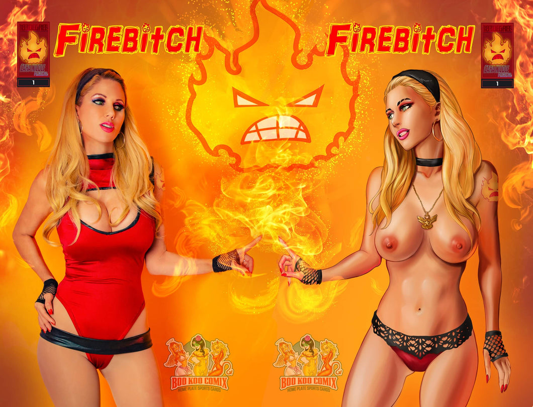 Firebitch #1 Cara Nicole Real World to Comic Realm Nice & Naughty Topless Connecting Cover 2 book Set by Alfred Trujillo & Cara Nicole BooKooComix Exclusive Limited to 69 Serial Numbered Sets!!!